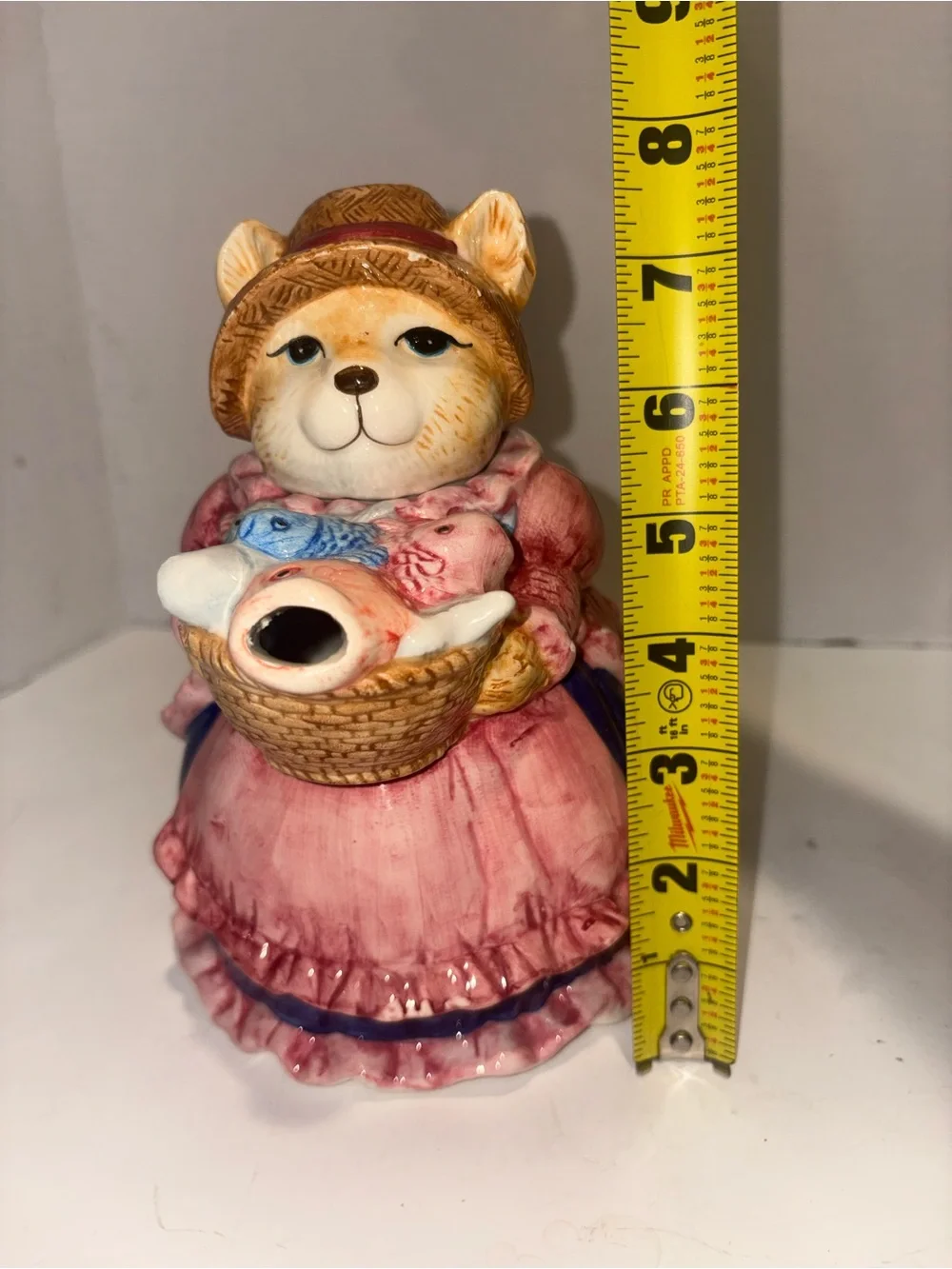 Hand-Painted Pink Ceramic Cat Figurine with Basket of Fish Teapot- Vintage